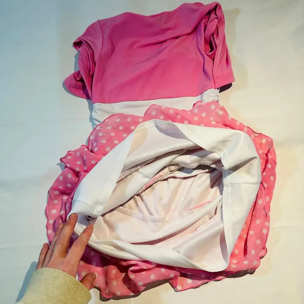 Y2K Iz Amy Byer Pink & White Polka Dot Ruffle Tiered Dress w/ Cardigan Sz 6x